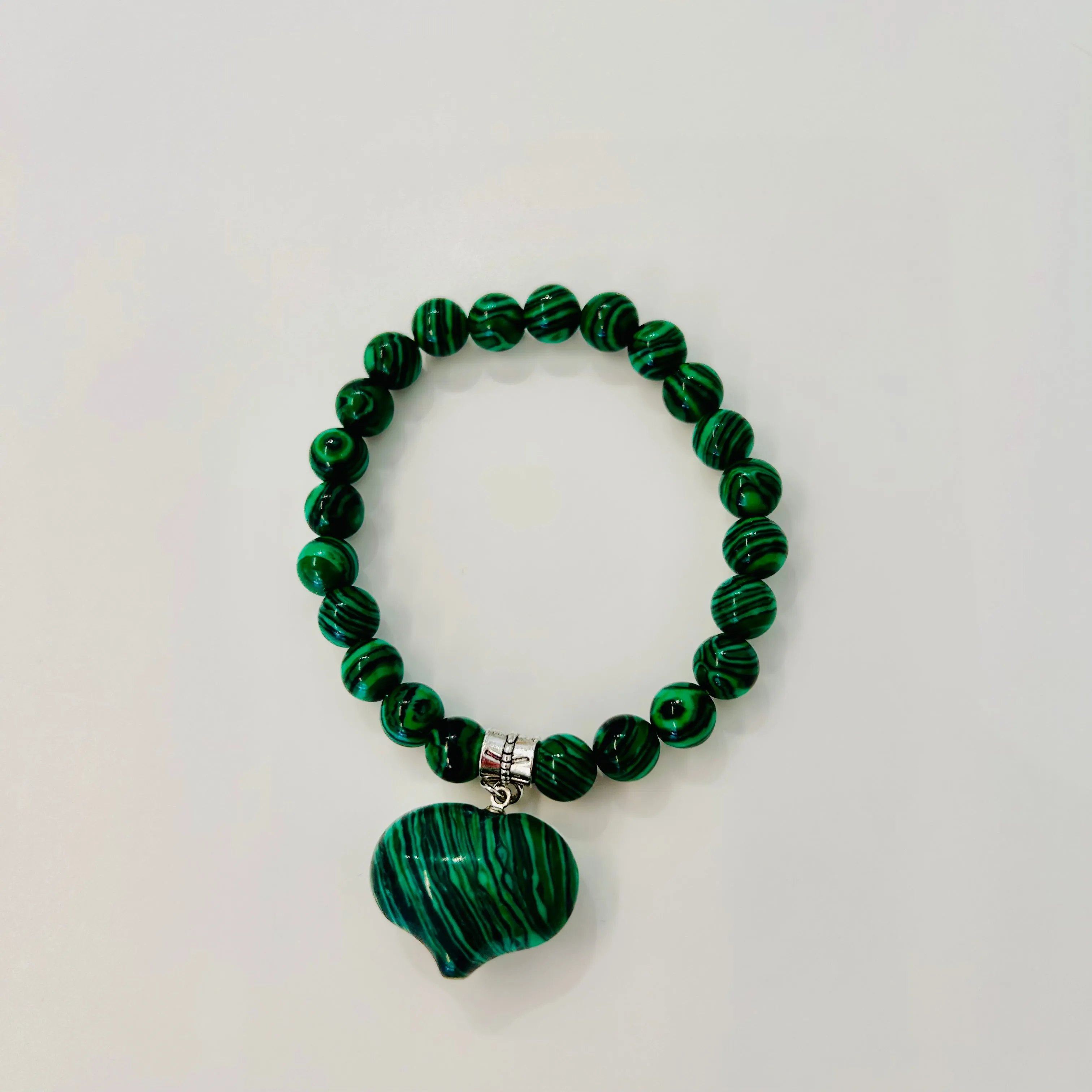 Malachite and White Jasper Beaded Bracelets - Love Heart Charm
