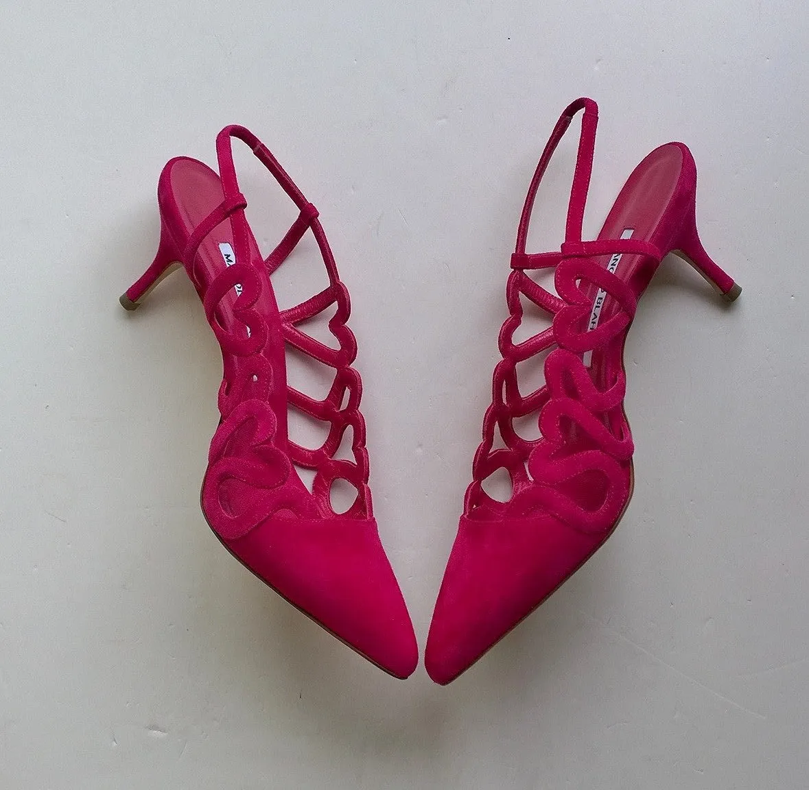 Manolo Blahnik Wonka Hearts Pink Suede Sandals Fuchsia sale heels