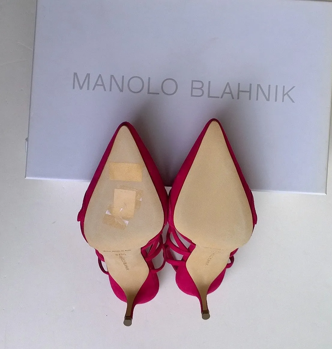 Manolo Blahnik Wonka Hearts Pink Suede Sandals Fuchsia sale heels