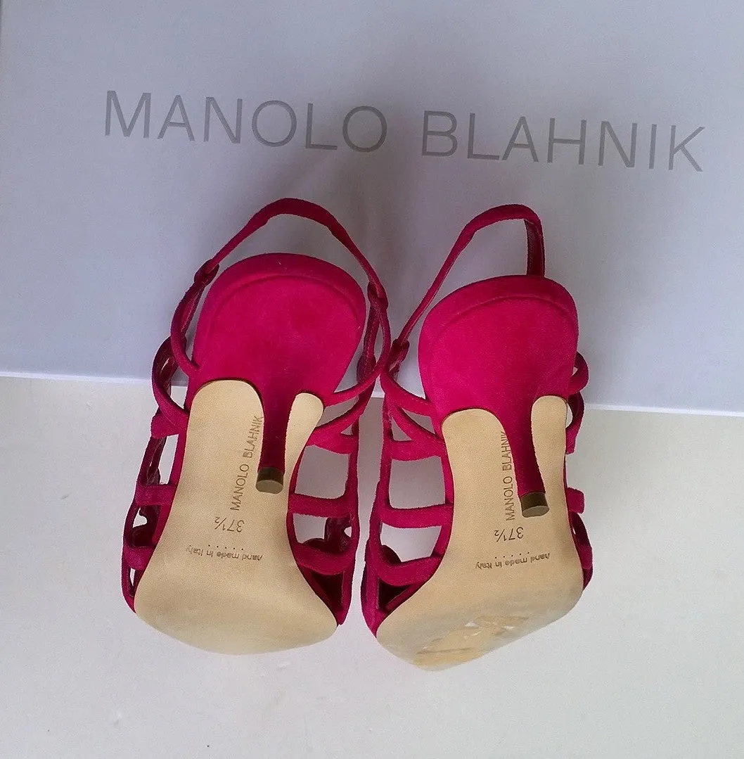 Manolo Blahnik Wonka Hearts Pink Suede Sandals Fuchsia sale heels