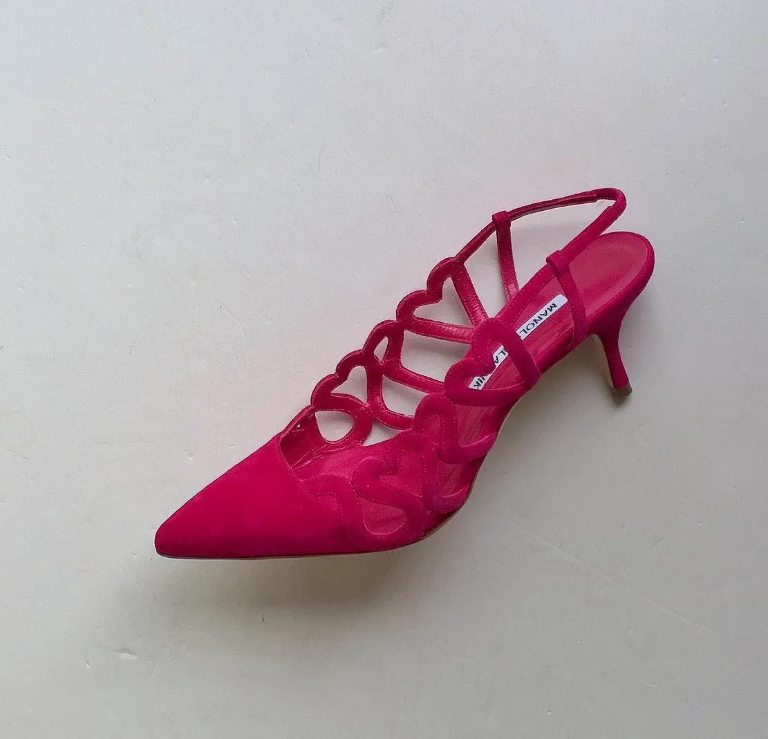 Manolo Blahnik Wonka Hearts Pink Suede Sandals Fuchsia sale heels