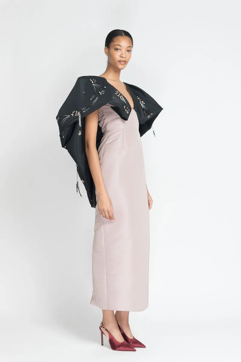 Mauve and Black Faille Cocktail Dress with Preciosa Crystals Jhoti Embroidery
