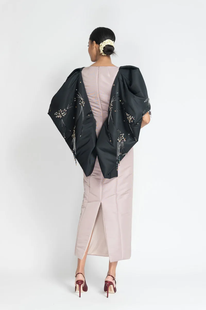 Mauve and Black Faille Cocktail Dress with Preciosa Crystals Jhoti Embroidery