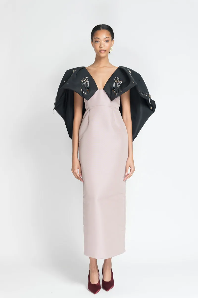 Mauve and Black Faille Cocktail Dress with Preciosa Crystals Jhoti Embroidery