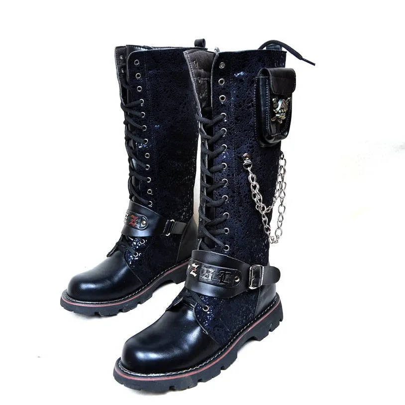 Men Military Combat Metal Skull Buckle Motorcycle Punk High Boots