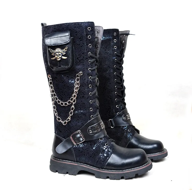 Men Military Combat Metal Skull Buckle Motorcycle Punk High Boots