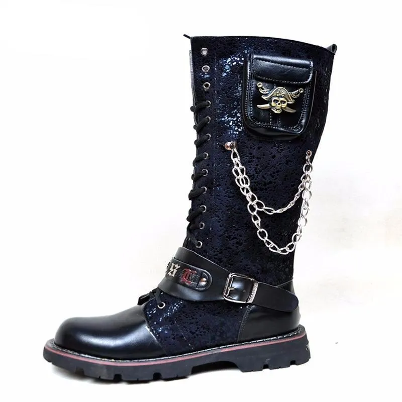 Men Military Combat Metal Skull Buckle Motorcycle Punk High Boots