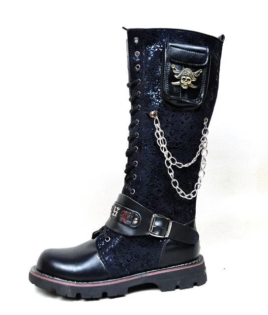 Men Military Combat Metal Skull Buckle Motorcycle Punk High Boots