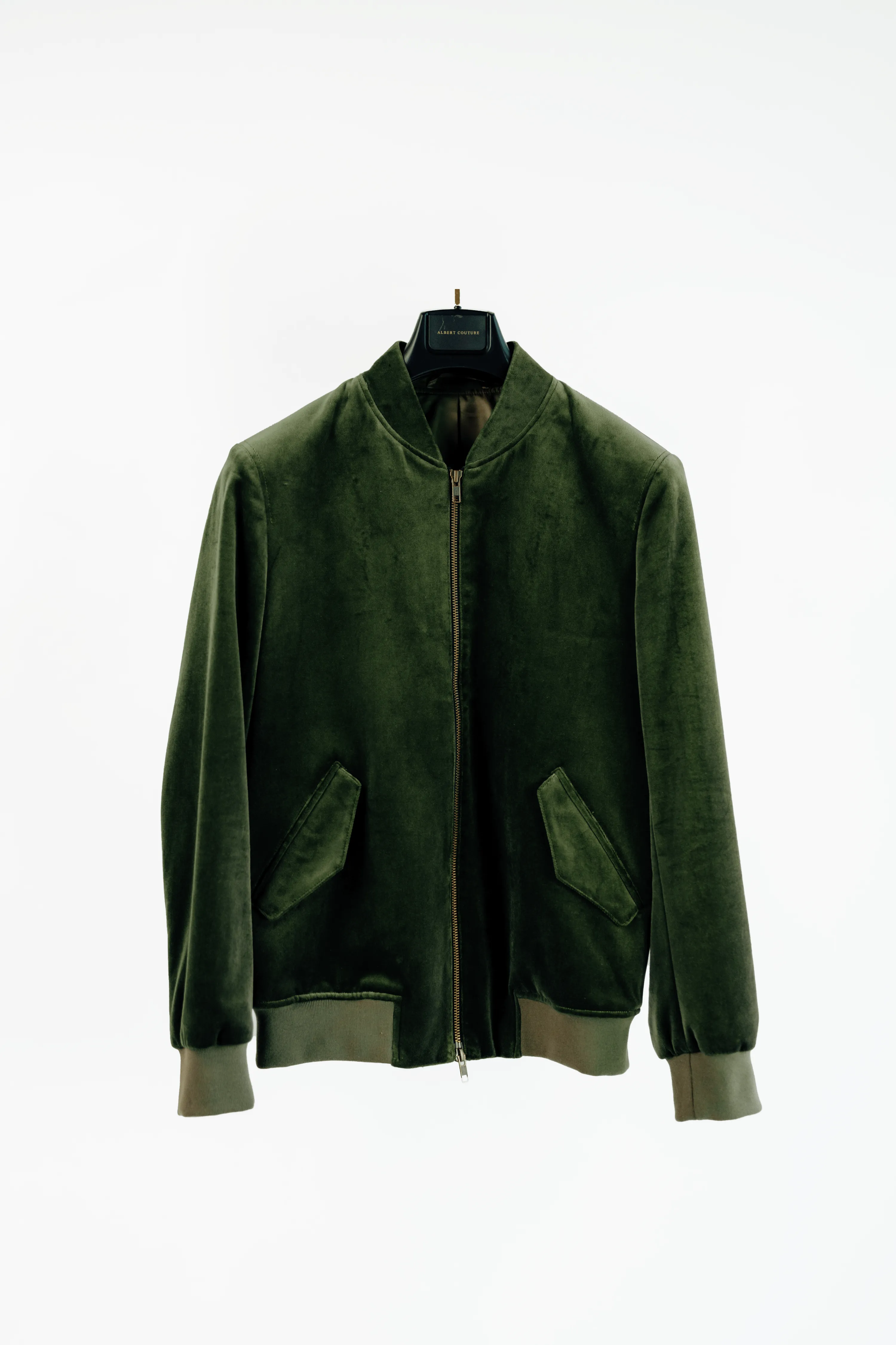 Men - Suede Military Green Bomber Jacket