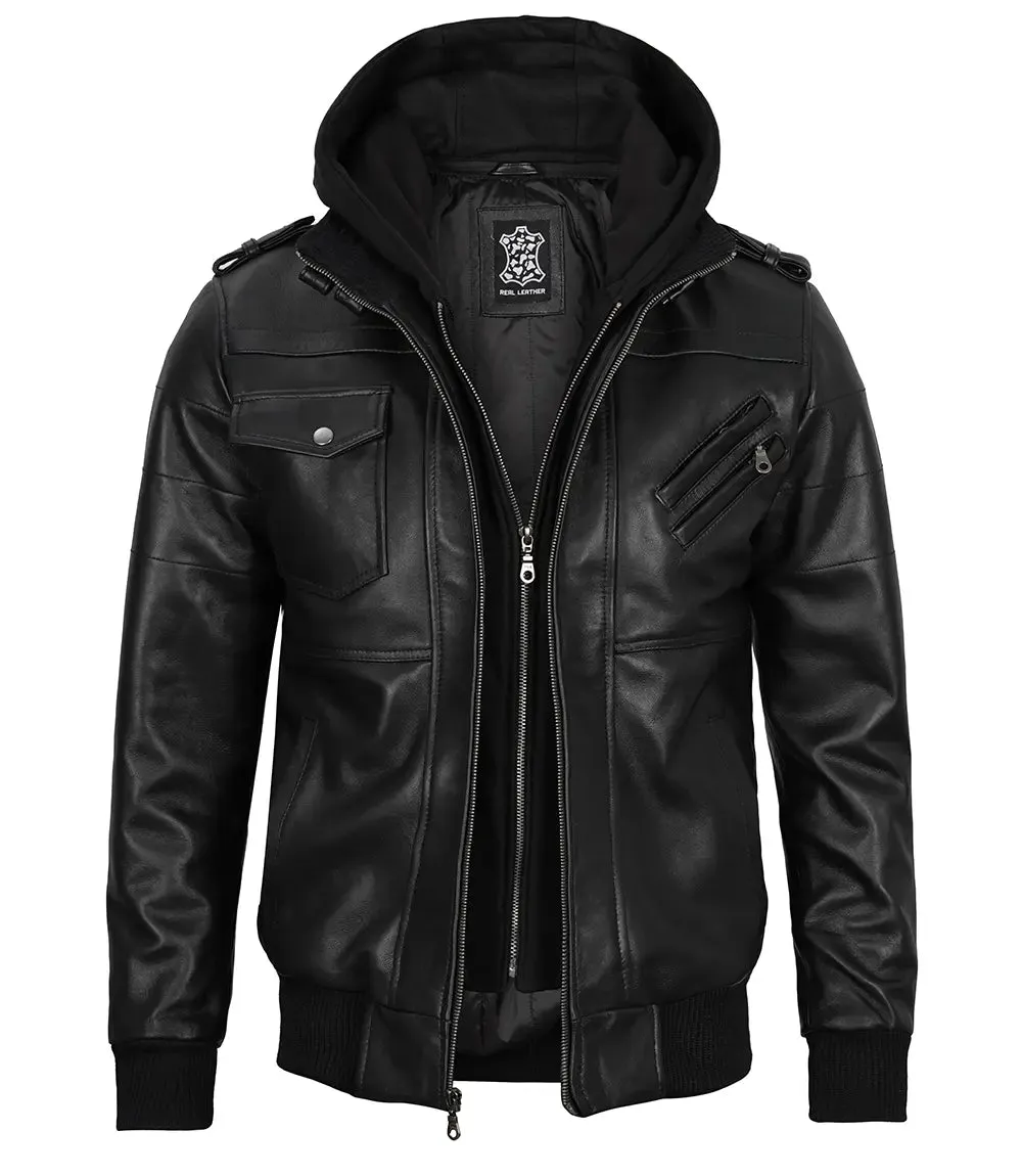 Mens Black Bomber Leather Jacket With Removable Hood