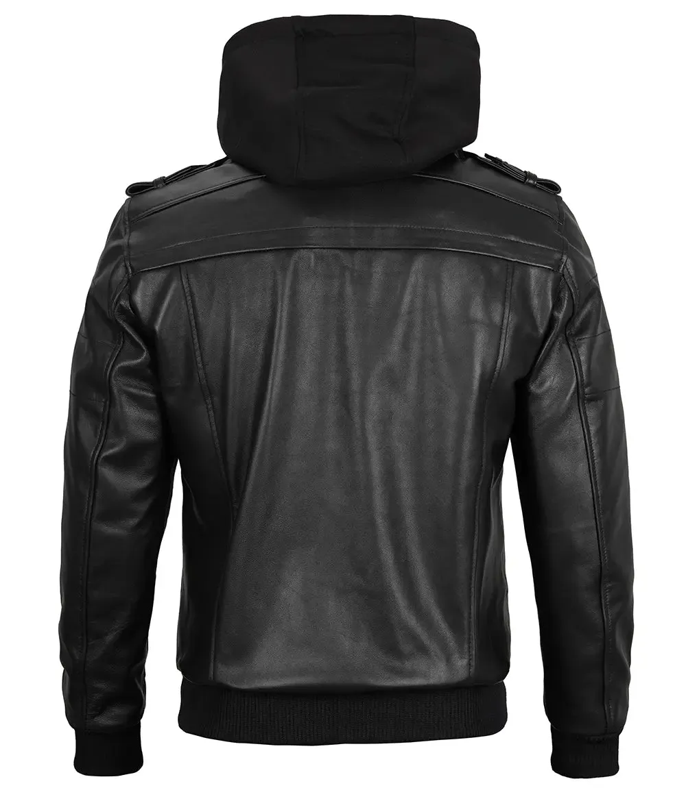 Mens Black Bomber Leather Jacket With Removable Hood