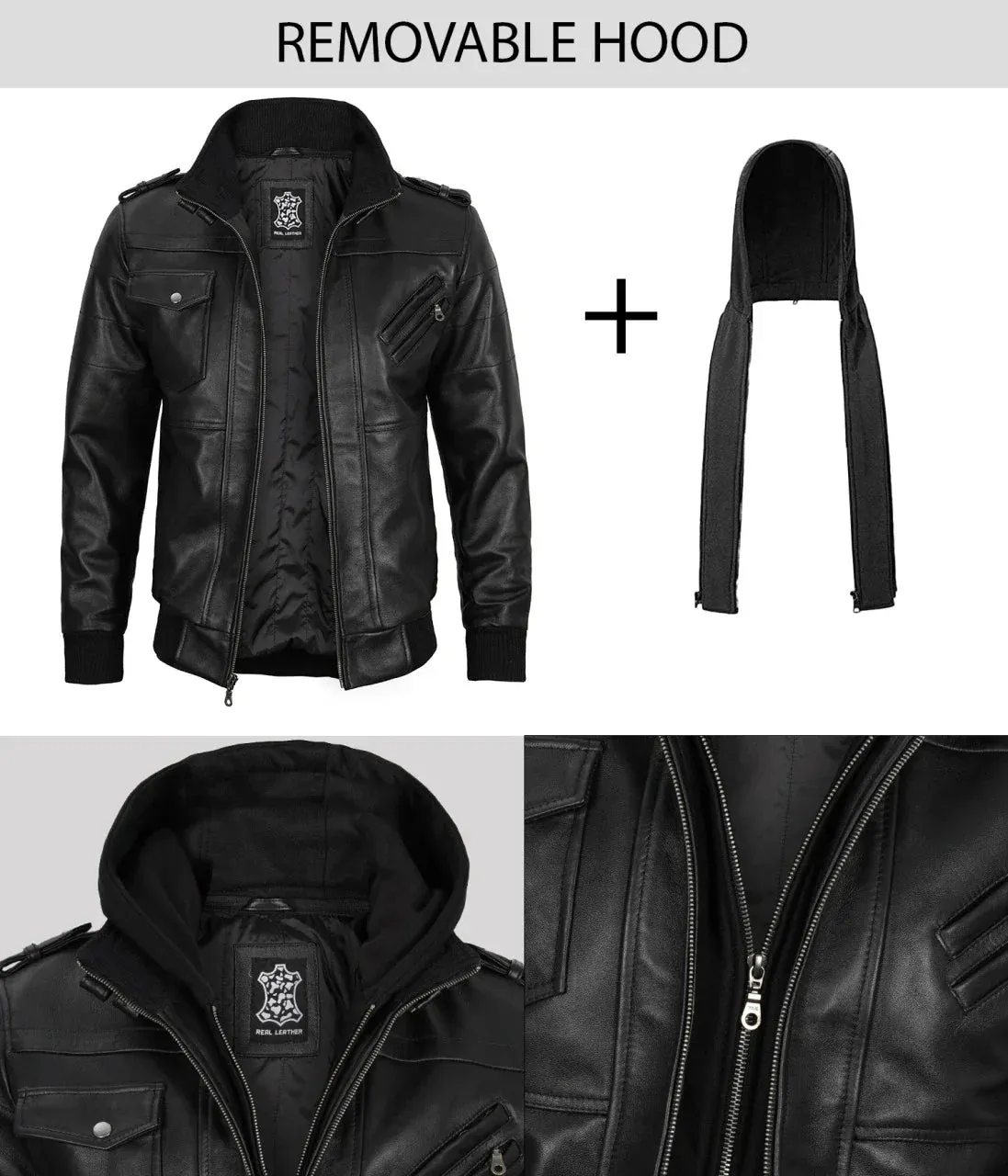 Mens Black Bomber Leather Jacket With Removable Hood