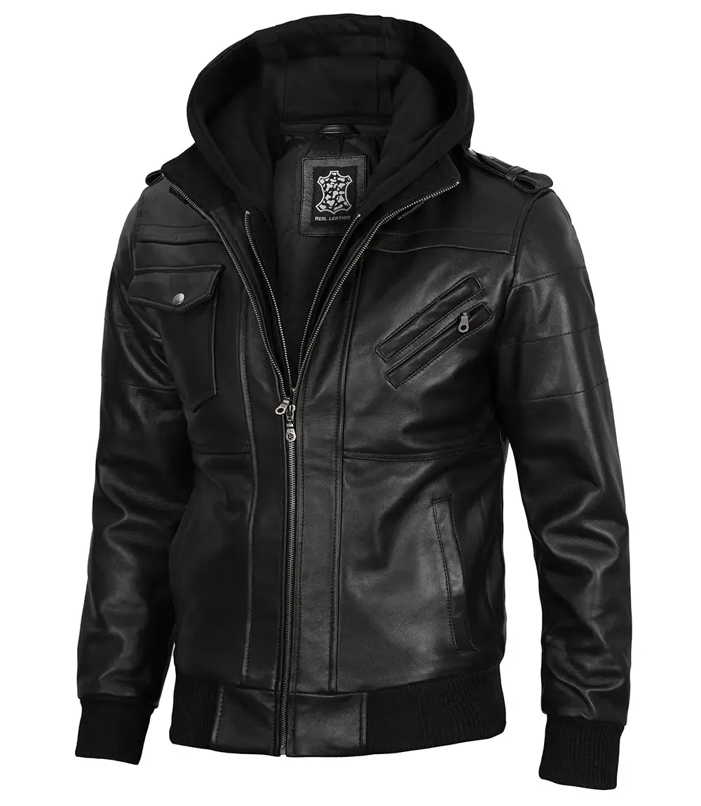Mens Black Bomber Leather Jacket With Removable Hood