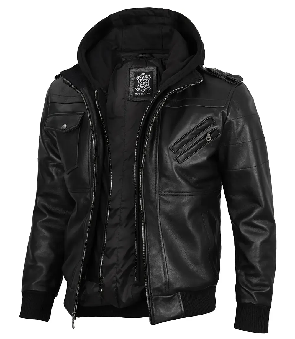Mens Black Bomber Leather Jacket With Removable Hood