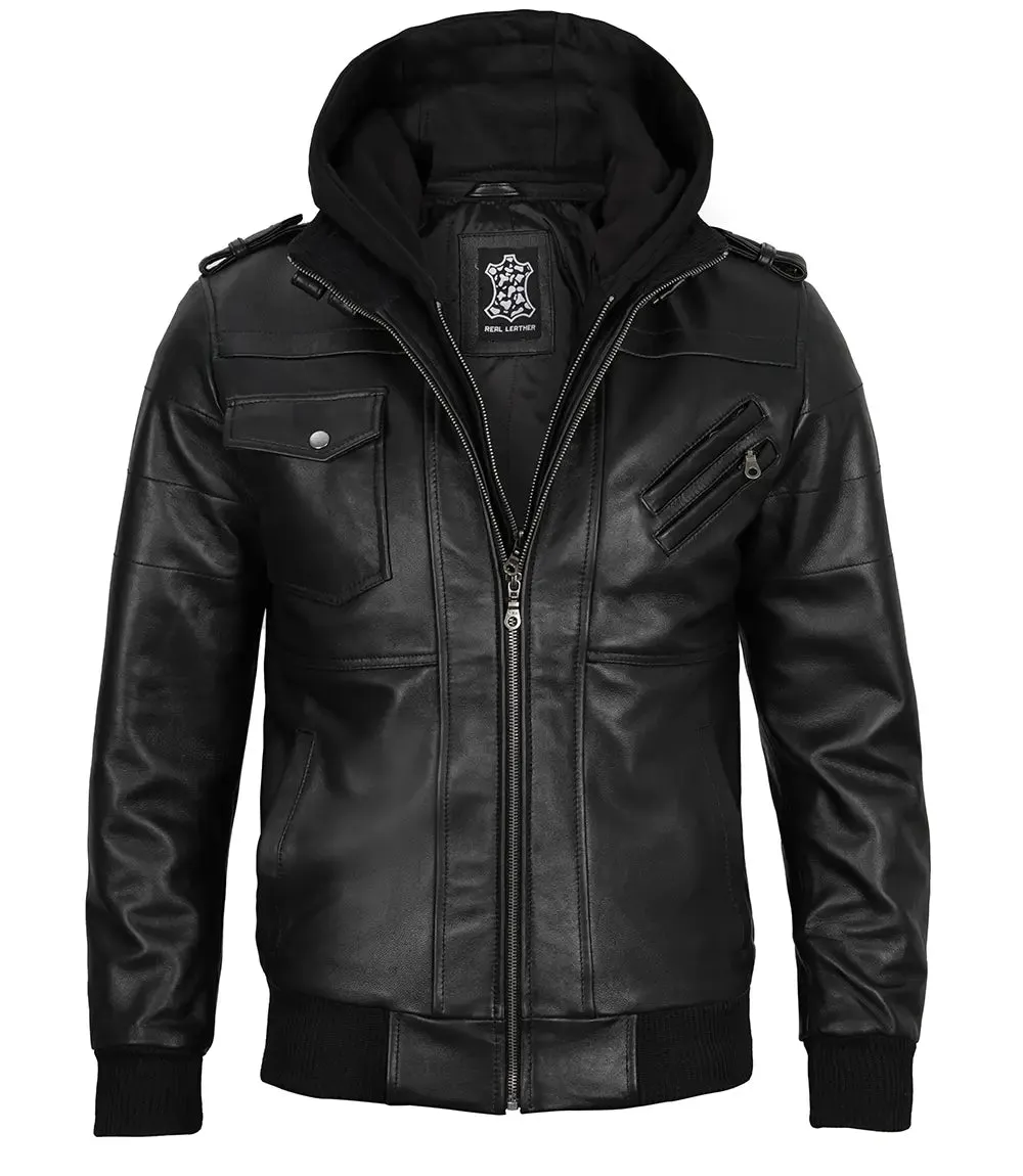Mens Black Bomber Leather Jacket With Removable Hood