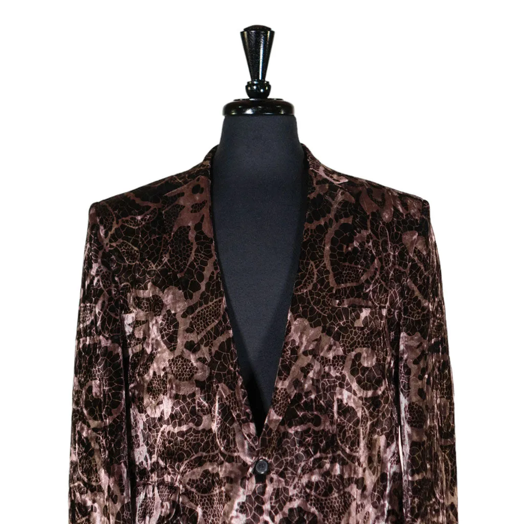 Mens Blazer Brown Geometric Abstract Velvet Dress Formal 2 Button Jacket Wedding Sport Coat 42R