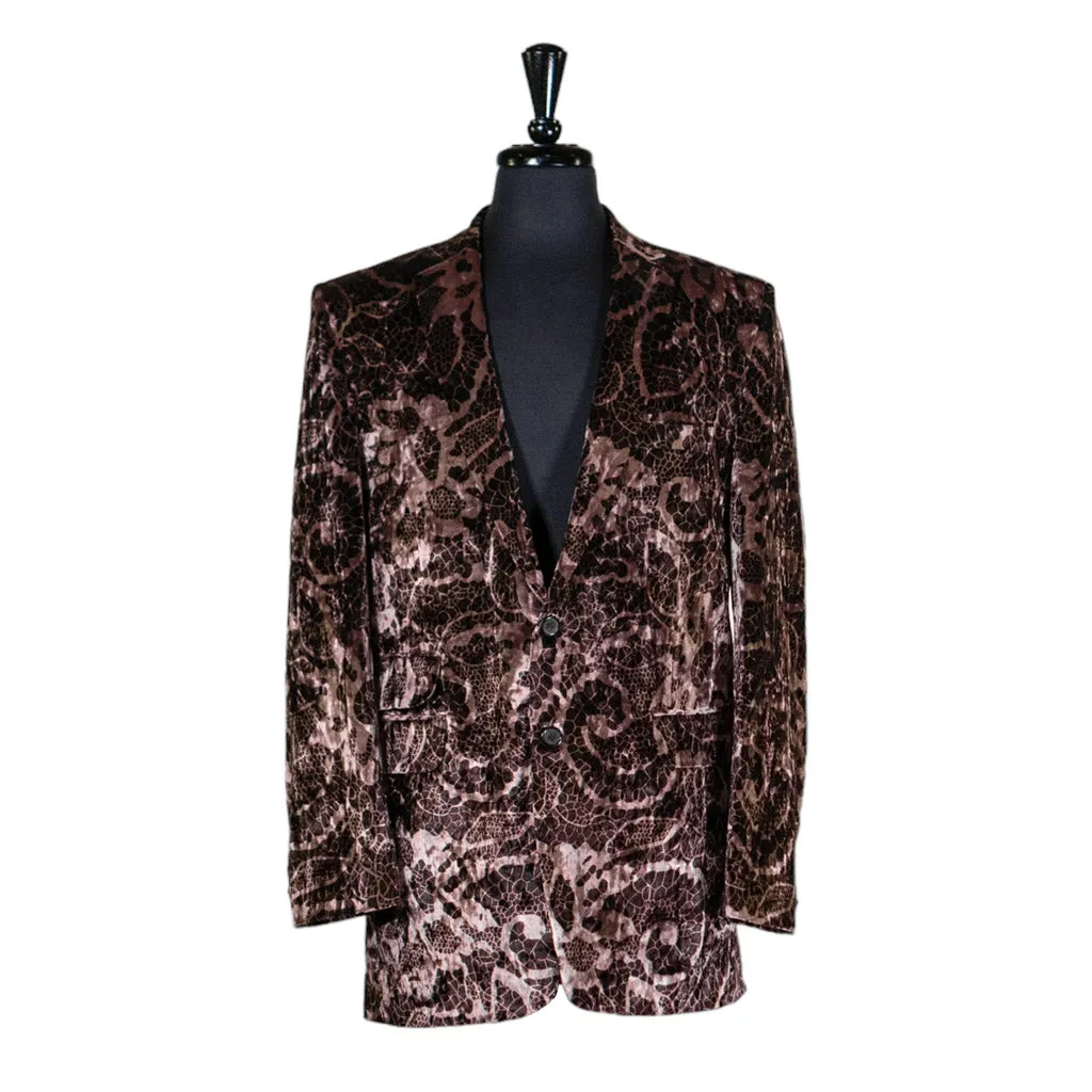 Mens Blazer Brown Geometric Abstract Velvet Dress Formal 2 Button Jacket Wedding Sport Coat 42R