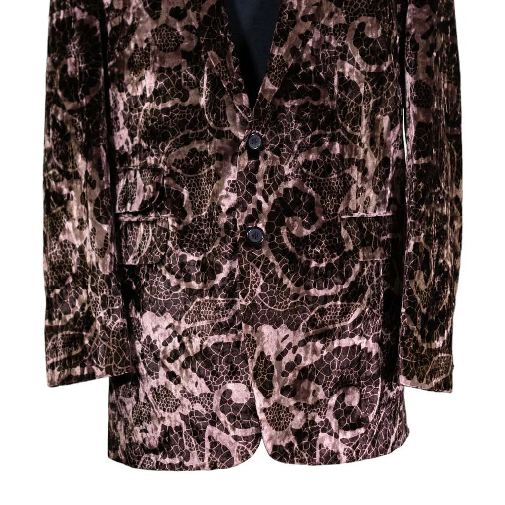 Mens Blazer Brown Geometric Abstract Velvet Dress Formal 2 Button Jacket Wedding Sport Coat 42R