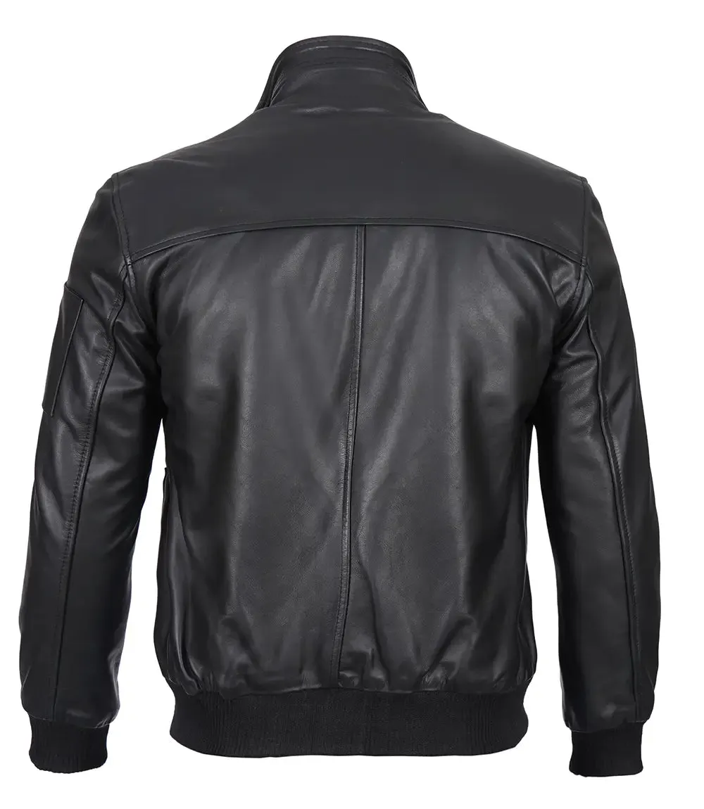 Men's Cafe Racer Black Cowhide Leather Bomber Jacket