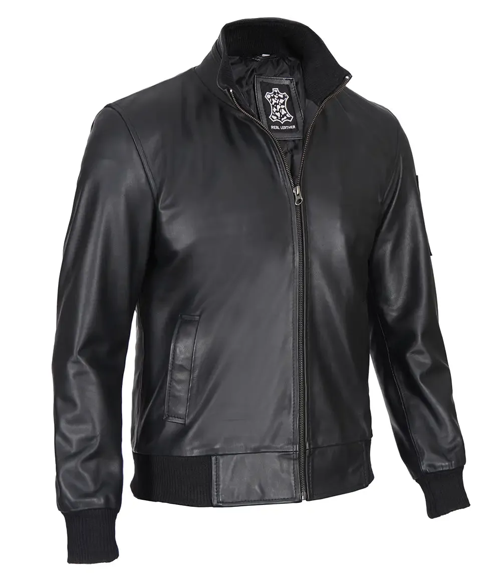Men's Cafe Racer Black Cowhide Leather Bomber Jacket