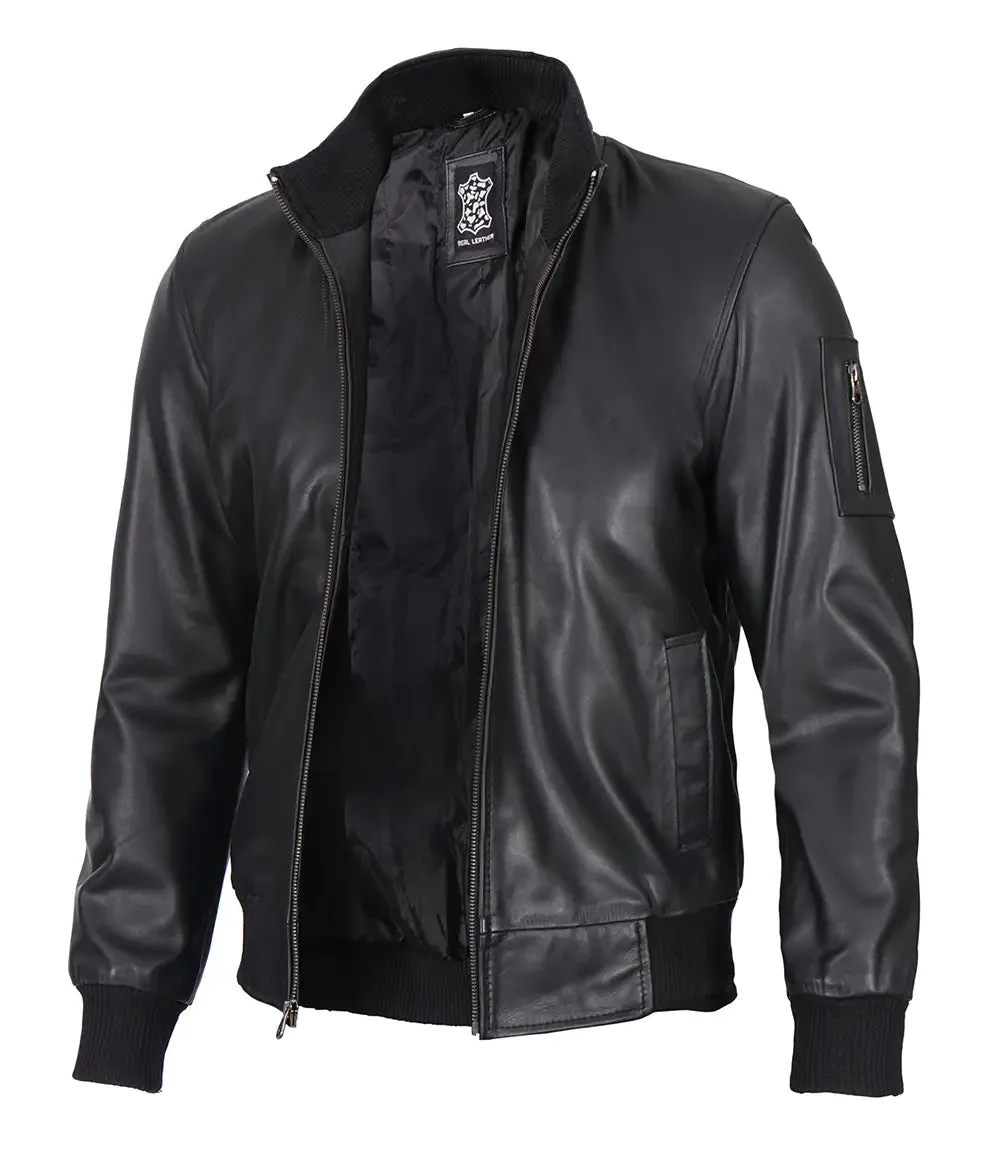 Men's Cafe Racer Black Cowhide Leather Bomber Jacket