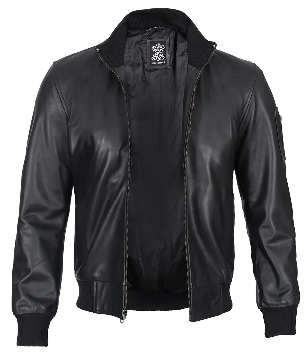 Men's Cafe Racer Black Cowhide Leather Bomber Jacket
