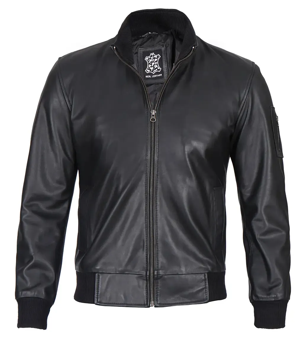 Men's Cafe Racer Black Cowhide Leather Bomber Jacket