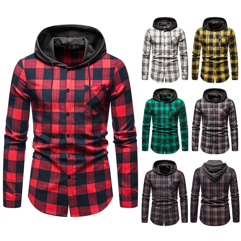 Men's Long Sleeve Hoodie Plaid Flannel Shirt