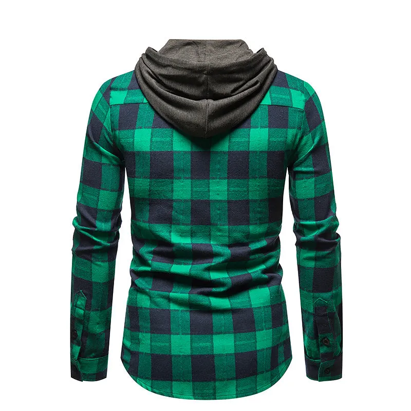 Men's Long Sleeve Hoodie Plaid Flannel Shirt