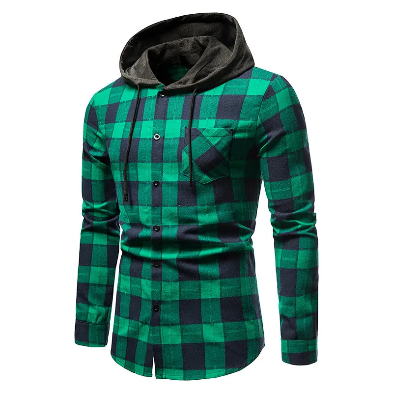 Men's Long Sleeve Hoodie Plaid Flannel Shirt