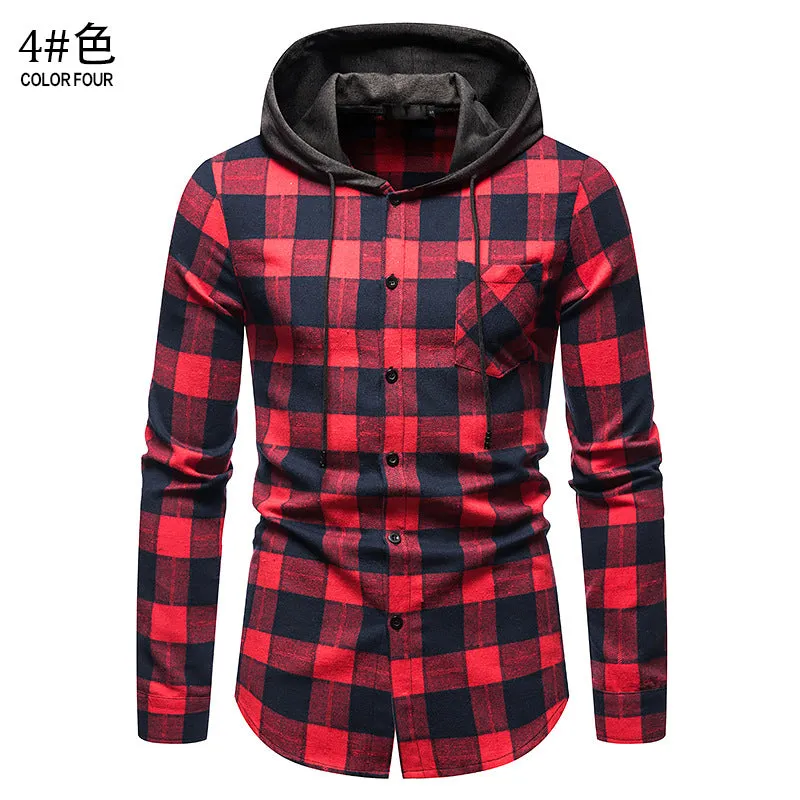 Men's Long Sleeve Hoodie Plaid Flannel Shirt