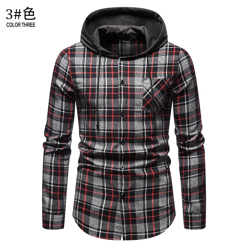 Men's Long Sleeve Hoodie Plaid Flannel Shirt