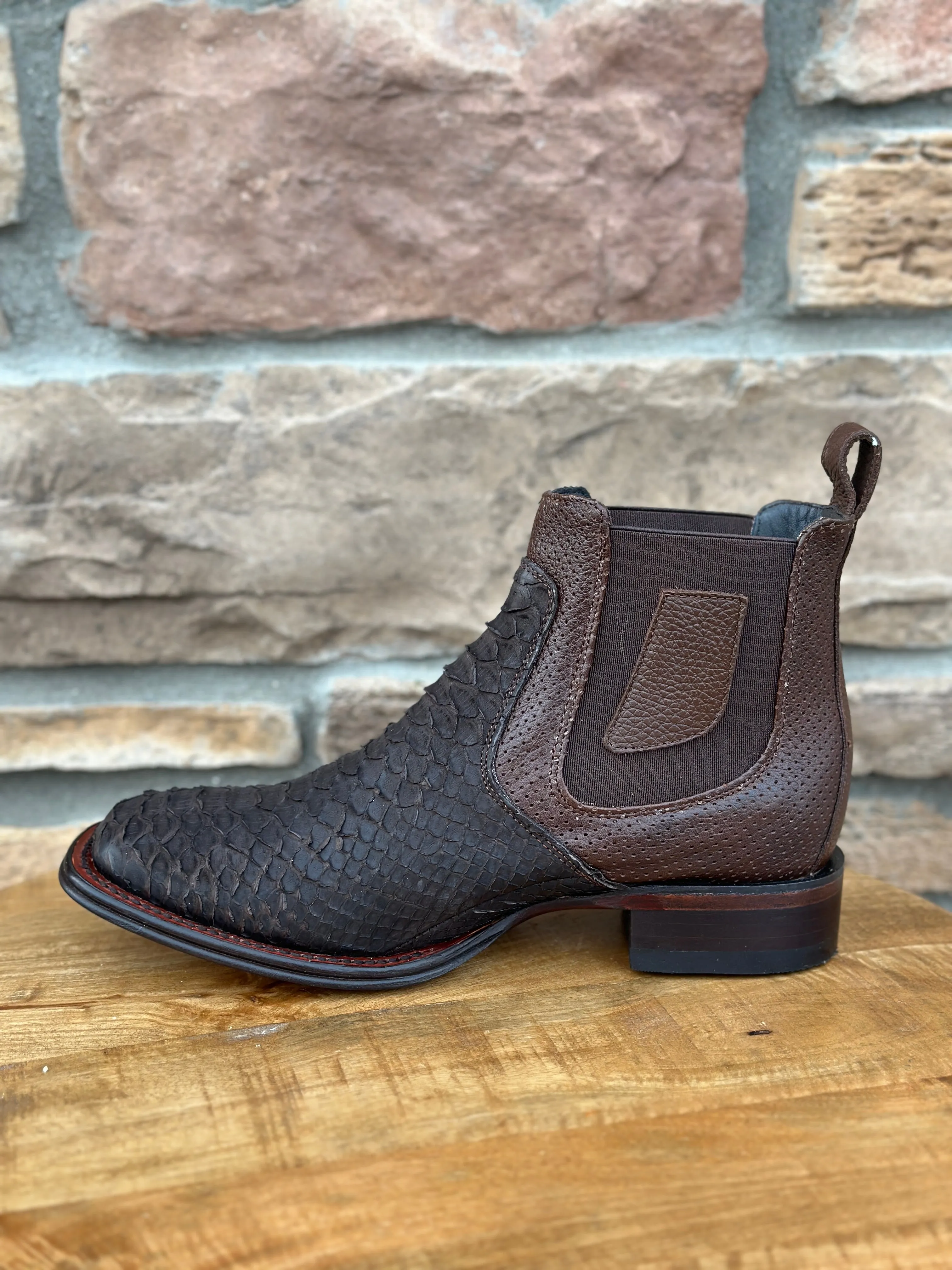 Men's Los Altos Python Suede Brown Wide Square Toe Ankle Boots