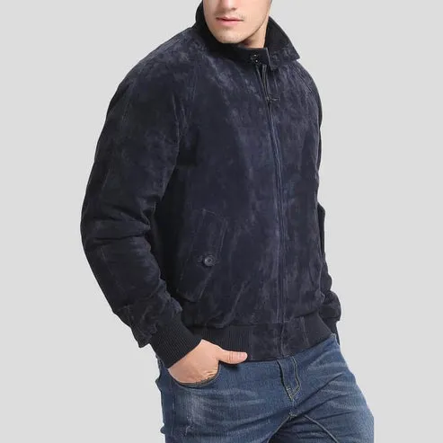 Men's Navy Suede Bomber Jacket