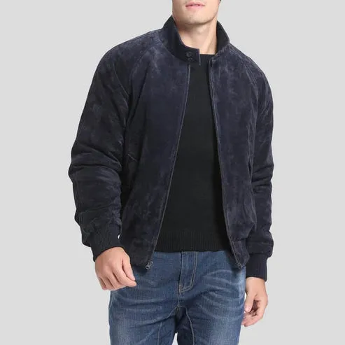 Men's Navy Suede Bomber Jacket