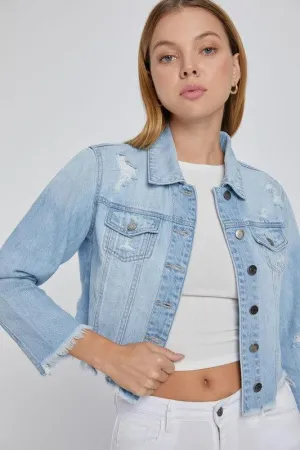 Mid Length Denim Jacket with All Over Fray Edges