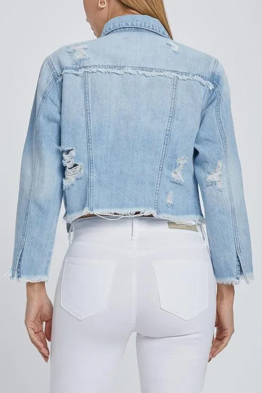 Mid Length Denim Jacket with All Over Fray Edges