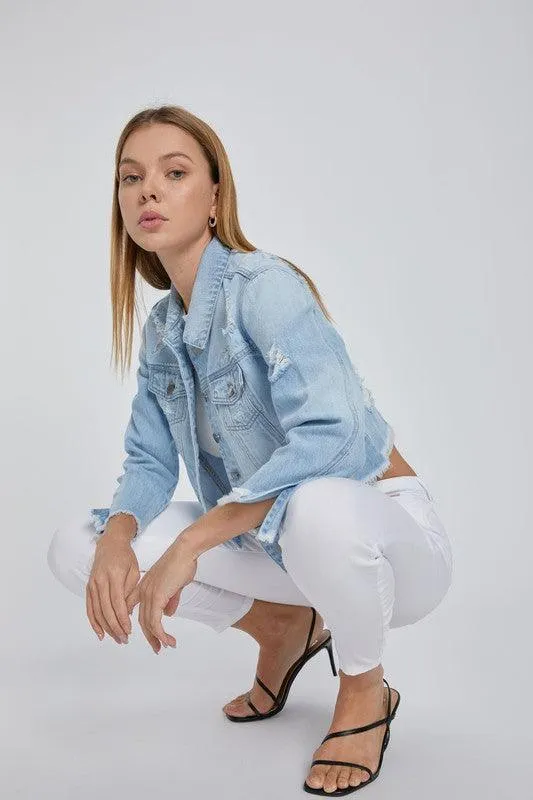 Mid Length Denim Jacket with All Over Fray Edges