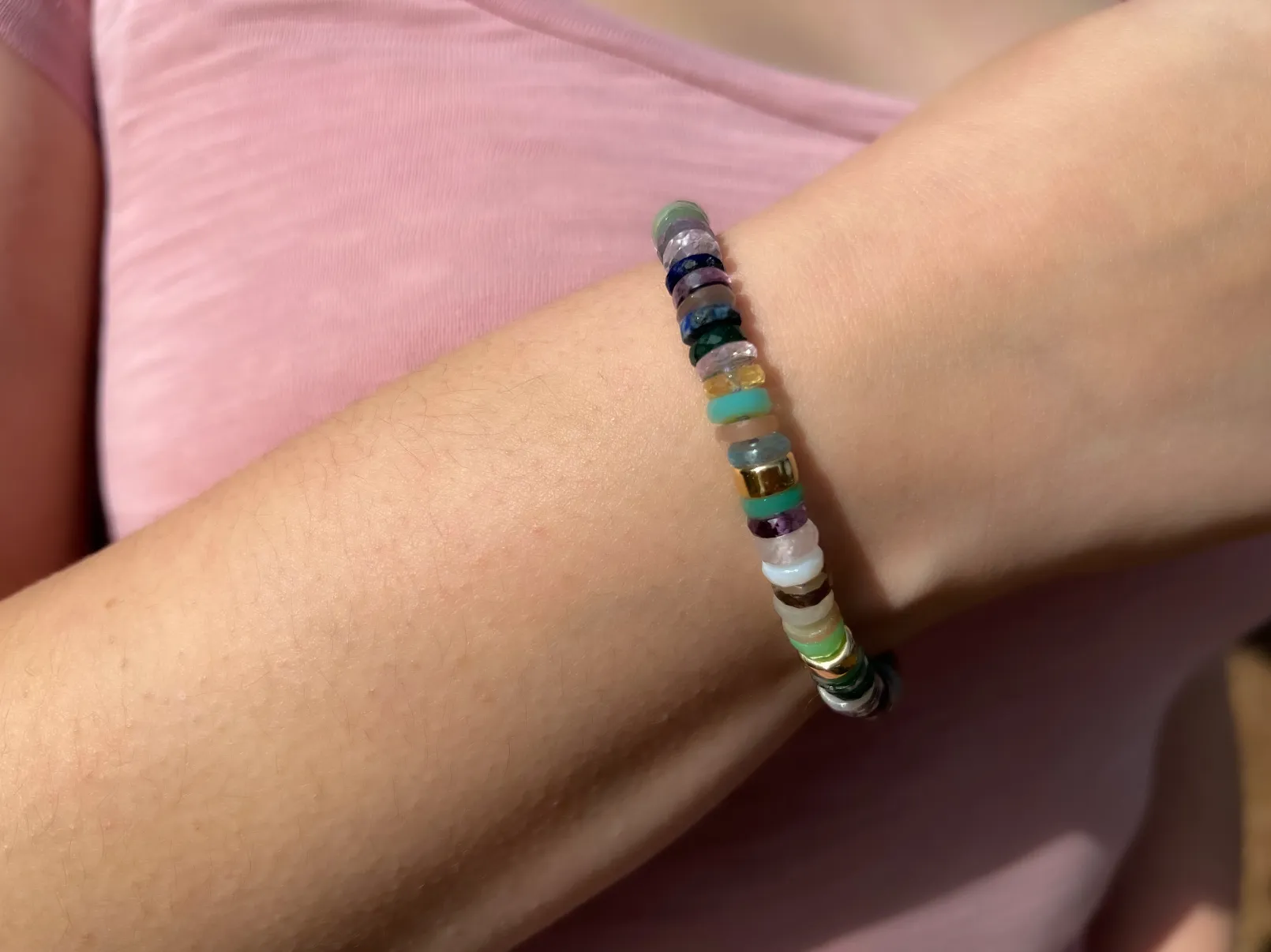Mixed Gemstone Heishi Bracelet with Gold Accents