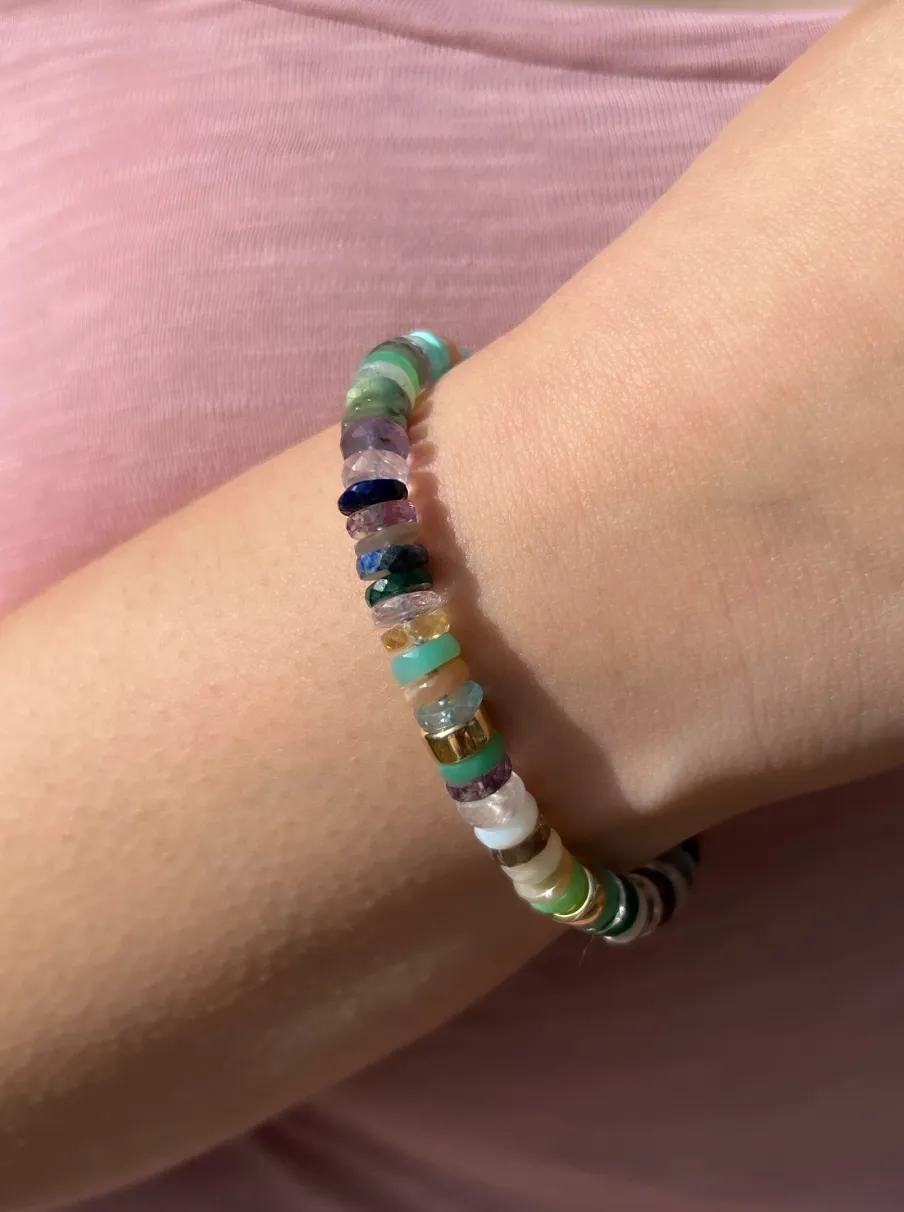 Mixed Gemstone Heishi Bracelet with Gold Accents
