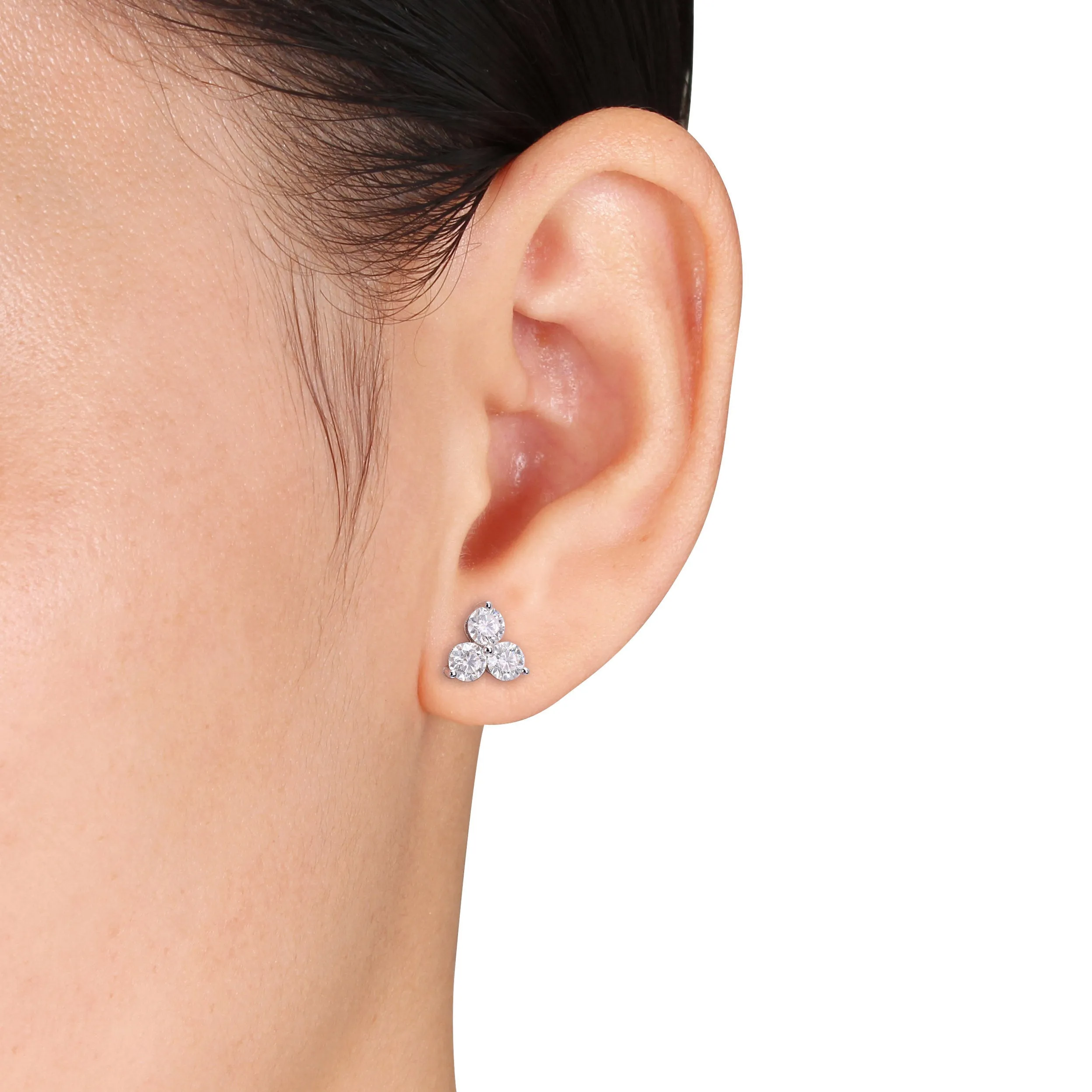Moissanite Sterling Silver Three Stone Cluster Studs