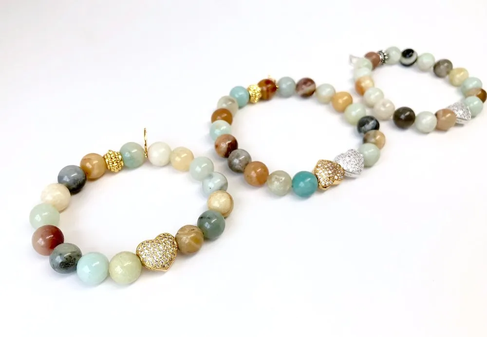 'Mommy & Me' Heart & Multi-Color Agate Bracelet Set