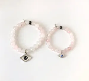 'Mommy & Me' Silver Evil Eye & Rose Quartz Bracelet Set