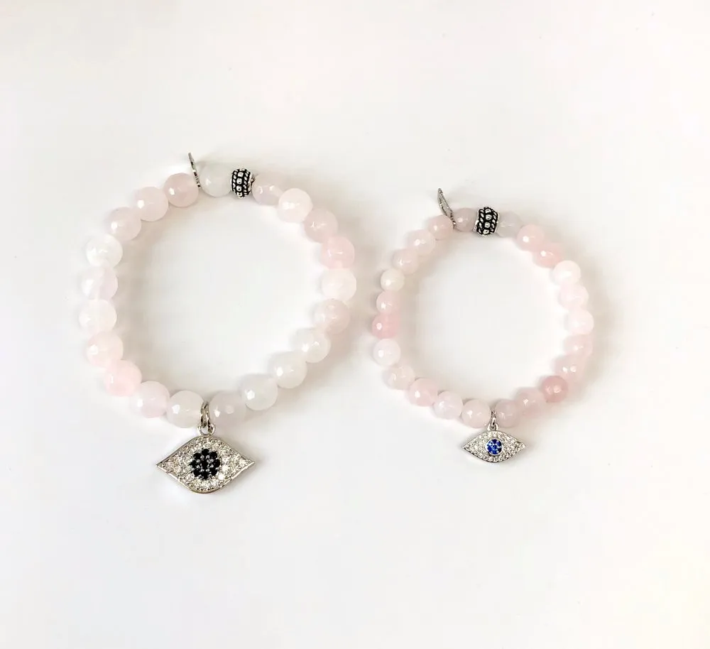 'Mommy & Me' Silver Evil Eye & Rose Quartz Bracelet Set