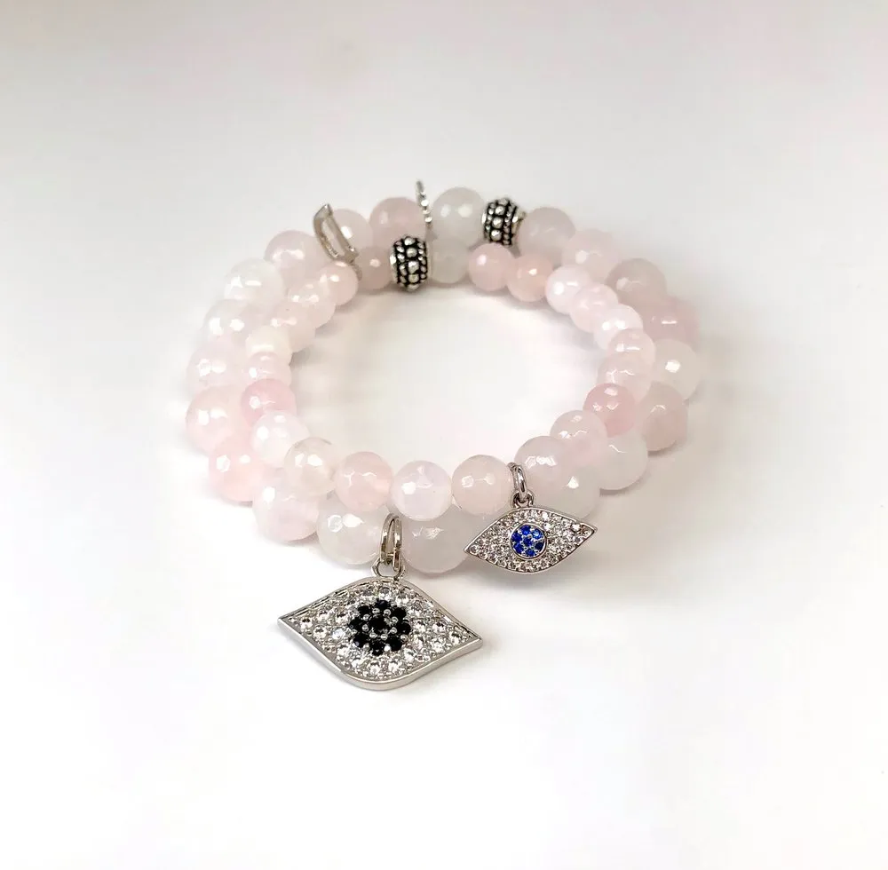 'Mommy & Me' Silver Evil Eye & Rose Quartz Bracelet Set