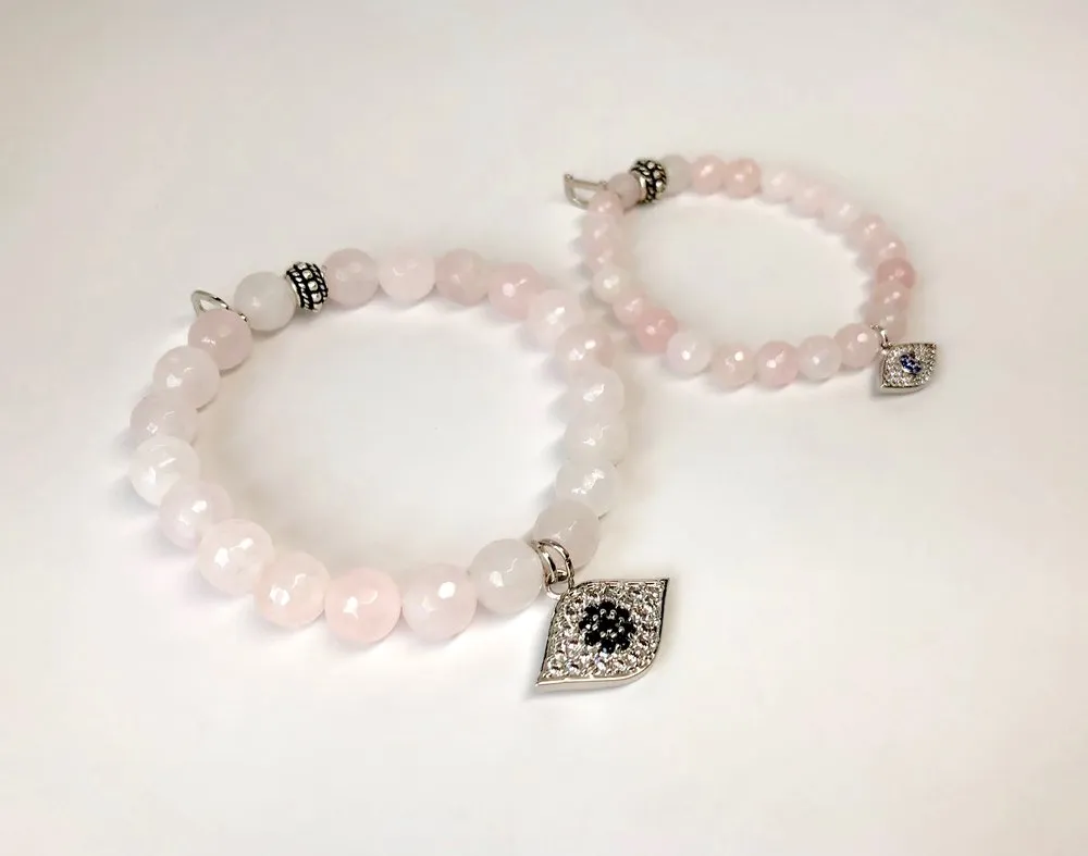 'Mommy & Me' Silver Evil Eye & Rose Quartz Bracelet Set