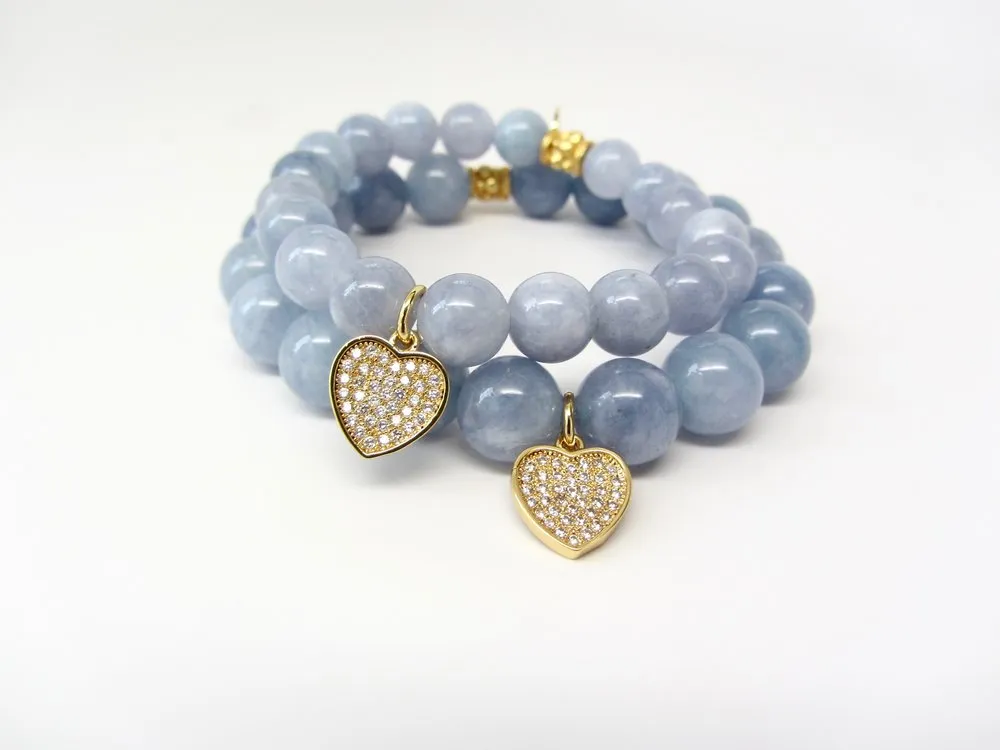 'Mommy and Me' Gold Heart & Blue Aquamarine Bracelet Set