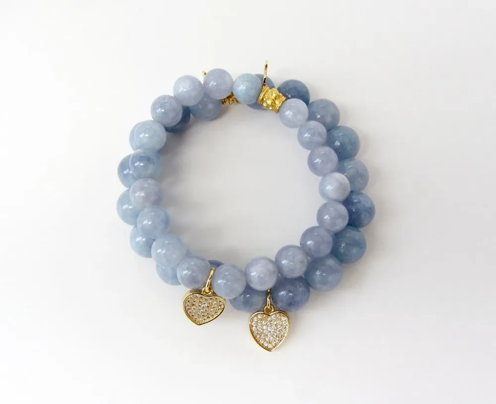 'Mommy and Me' Gold Heart & Blue Aquamarine Bracelet Set