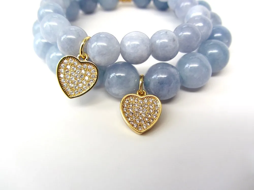 'Mommy and Me' Gold Heart & Blue Aquamarine Bracelet Set