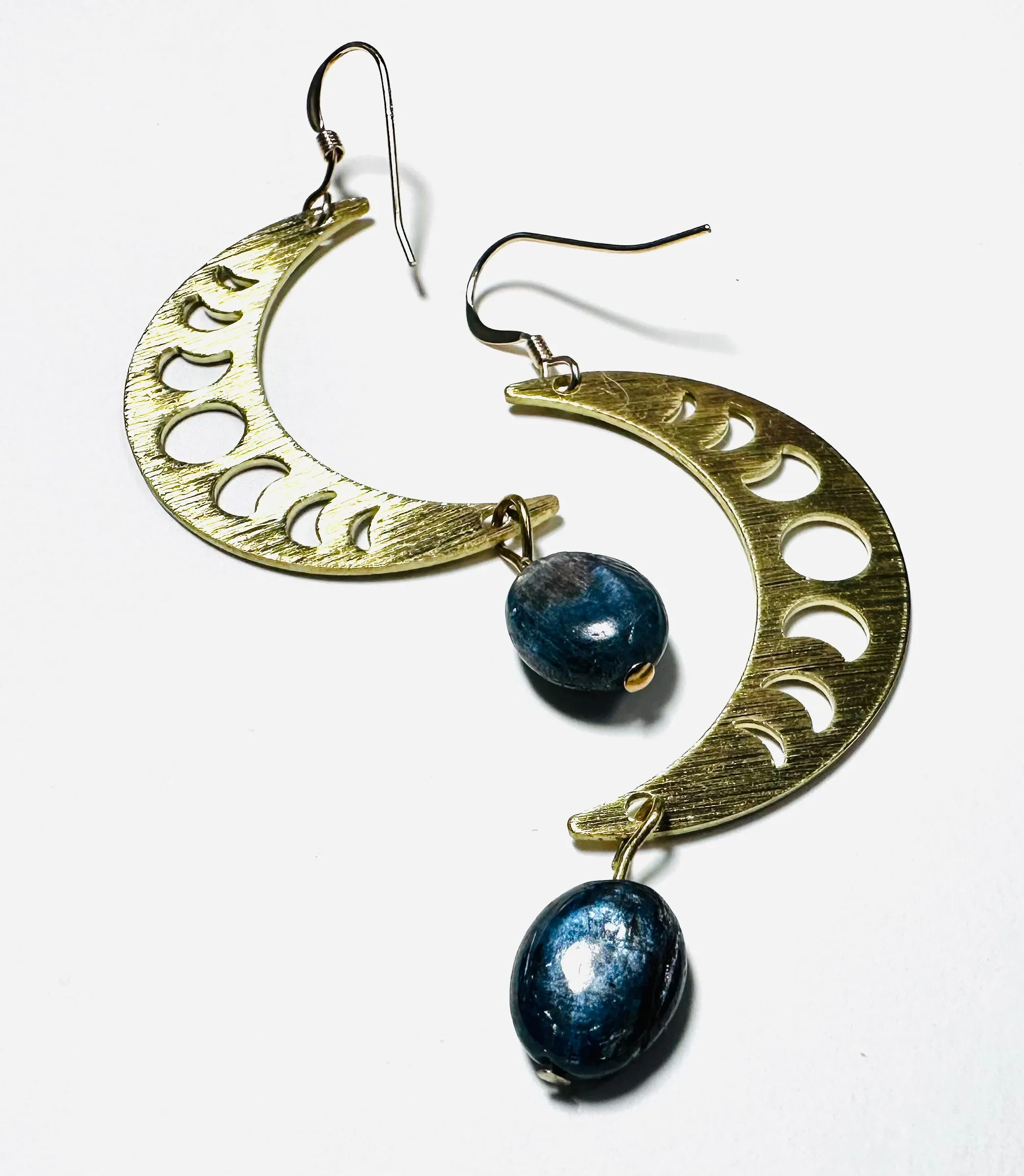 Moon Phase Earrings/Brass Gemstone Moon Earrings/Golden Moon Earrings